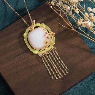 2022春国潮新品古装配饰景泰蓝梅花镶嵌仿和田玉复古玉佩挂坠项链